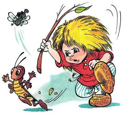 Домовёнок Кузька гоняется за насекомыми