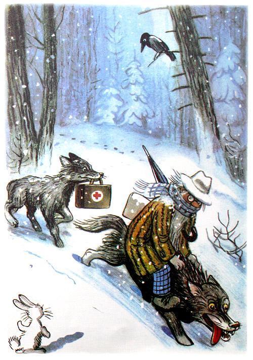 доктор Айболит верхом на волке в лесу зима