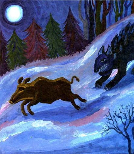 кабан в зимнем ночном лесу