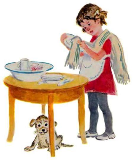девочка Маша моет и протирает посуду а щенок под столом