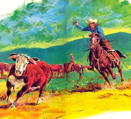 Американский ковбой ловит на пастбище бычка. Лошадь реагирует на почти незаметные движения всадника, когда тог меняет положение тела или сжимает круп ногами.