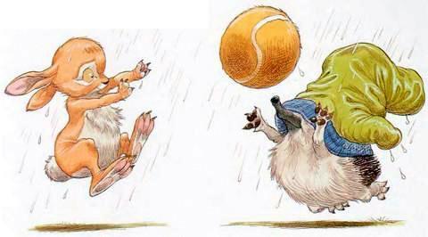 Ёжик с варежкой и Кролик играют в мяч