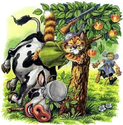кот Пузик с ружьём верхом на корове вьехали в дерево