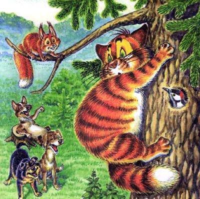 кот Пузик залез на дерево спасаясь от псов