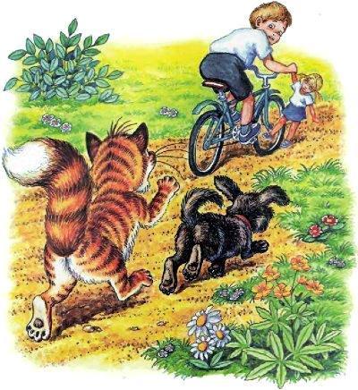 кот Пузик и пёс Тузик преследуют мальчика на велосипеде