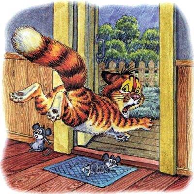 кот Пузик бежит из дома через открытую дверь