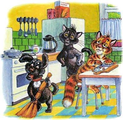 кот Пузик сидит за столоми пёс Тузик метет кухню и кошка