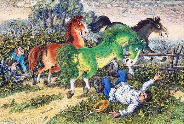 вырвался Конь Вороной и сшиб Подушкина с ног, а за ним и остальные лошади работников пораскидали, и последней выбежала Зелёная Лошадь