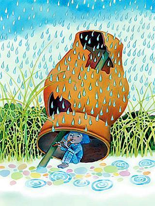 Дударик под дырявым кувшином играет на дудке камышиной под дождем
