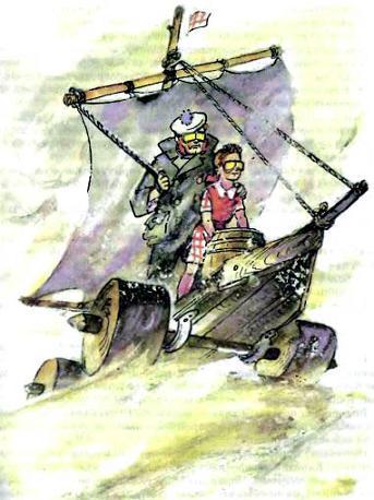 моряк дядя Чарли и Элли перебираются через пустыню на корабле под парусом на колесах