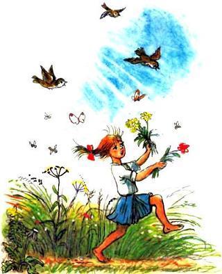 девочка бежит по лужайке с цтветками