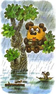 Винни-Пух спсает себя и горшки с медом от наводнения на дереве