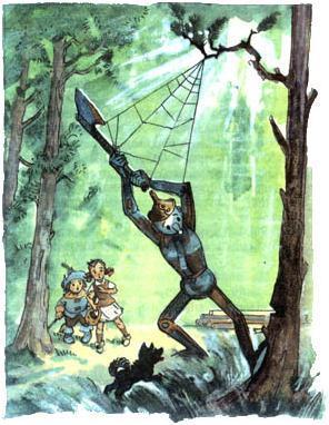 Элли Тотошка и Страшила встречают Железного Дровосека застывшего у дерева